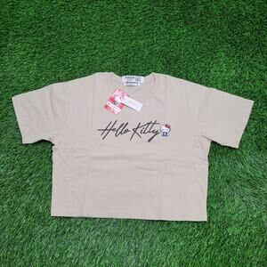 Hello-Kitty Crop-Top Shirt Womens M/L 19x17 Sanrio Spellout Ivory